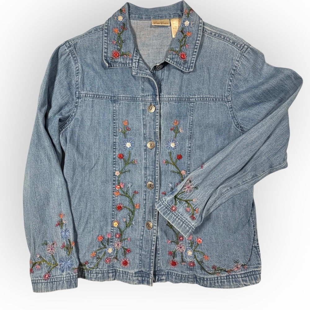 Bobbie Brooks Light Blue Jean Jacket with Embroidered Floral‎ Accents & Pockets